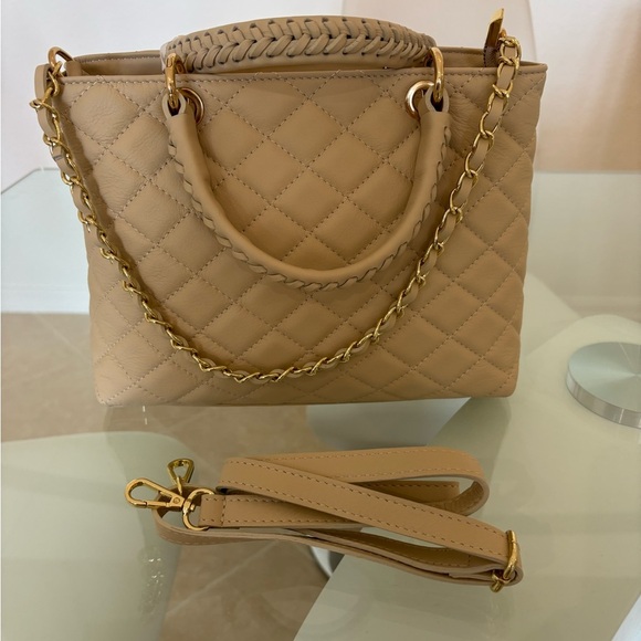 Tan Quilted Leather Shoulder Bag with Gold Chain - Picture 3 of 6